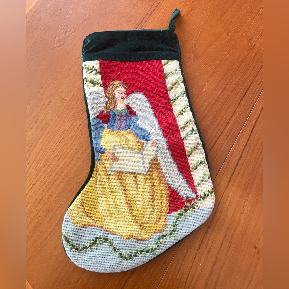 Needlepoint Holiday Angel Velvet Christmas Stocking